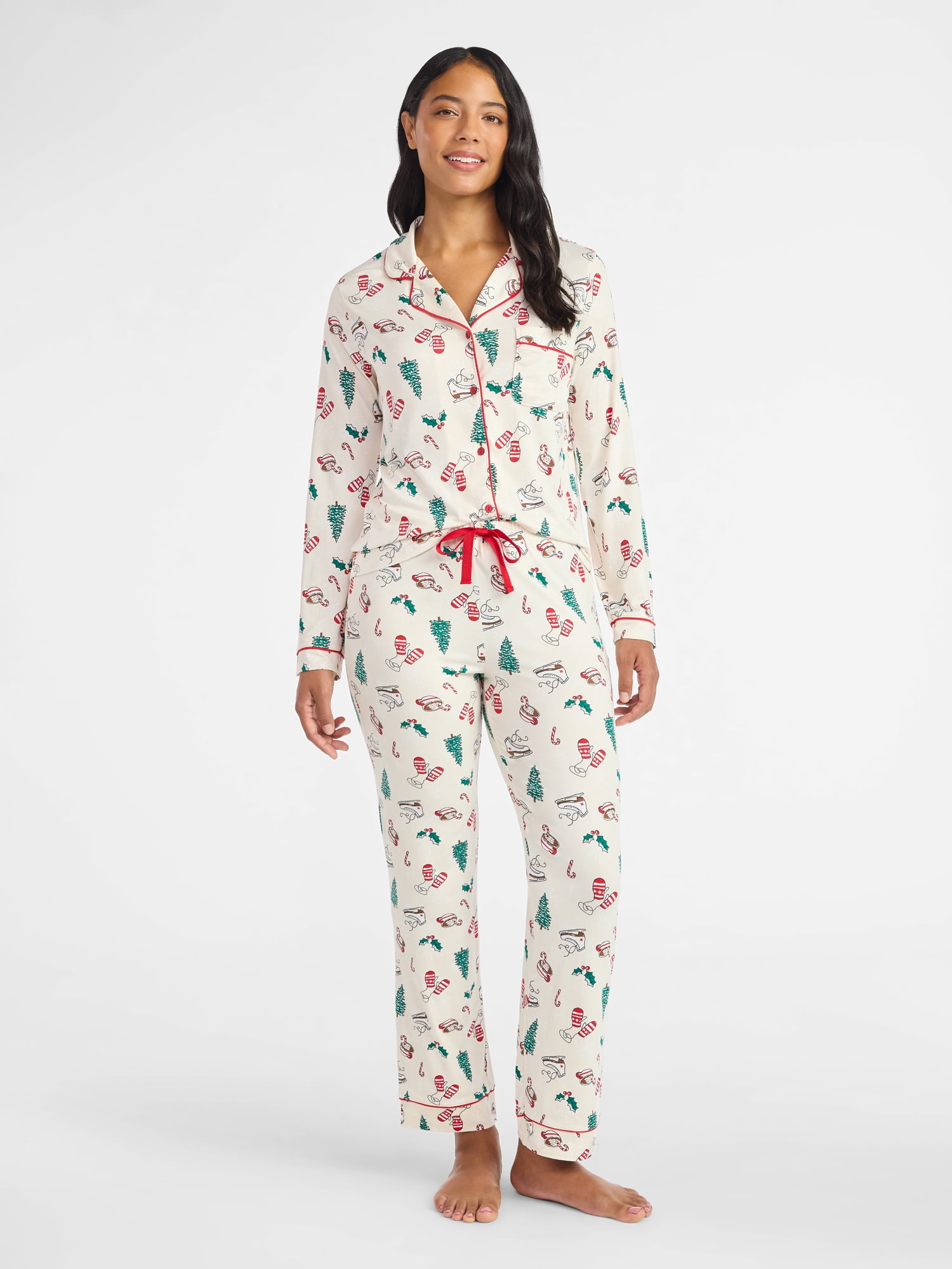 Derek Heart Women's Holiday Notch Collar Top and Pants Pajama Set