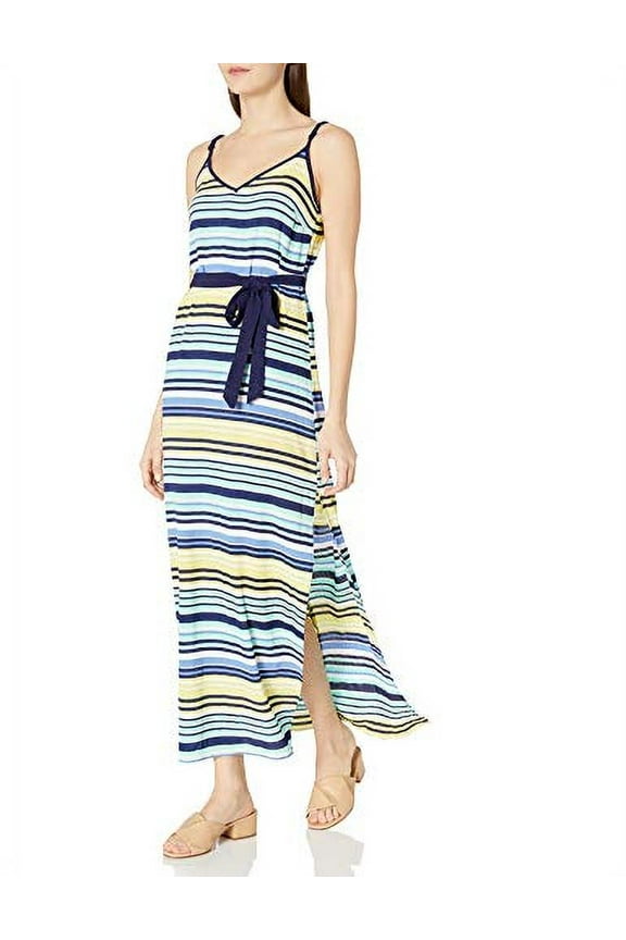 Women's Strappy Maxi Dress W/Side Suits and Solid Waist Tie, Blue Depth, L