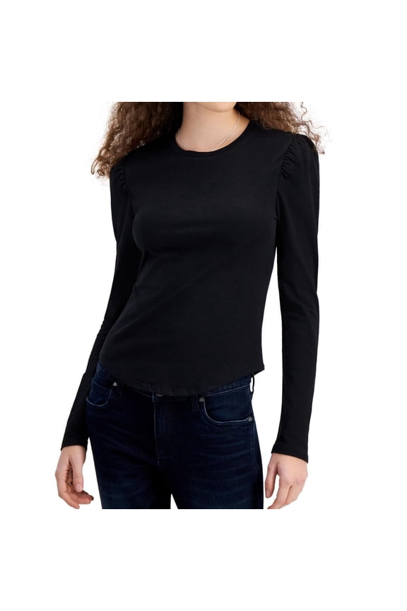 Womens Crewneck Puff Shoulder Basic T-Shirt, Black, Juniors, X-Large