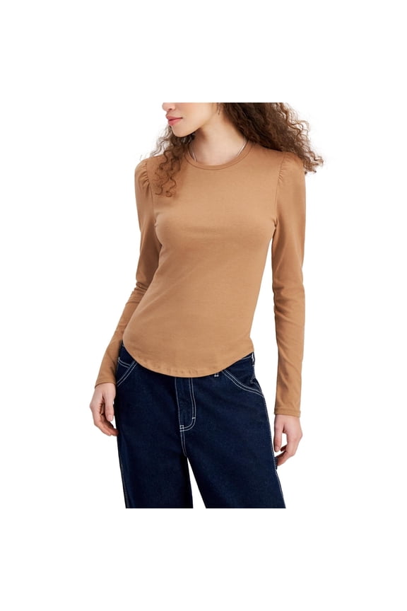 Womens Crewneck Puff Shoulder Basic T-Shirt, Brown, Juniors, Medium