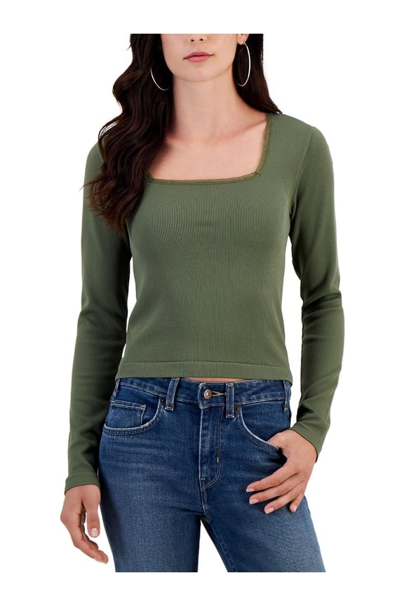 Womens Juniors Square Neck Lace Trim Pullover Top