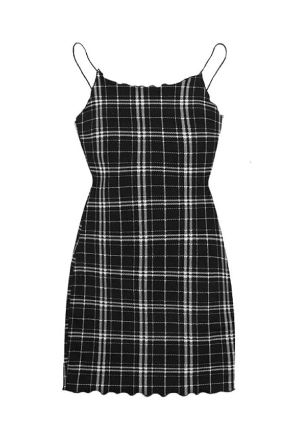 Womens Lettuce Trim Plaid Slip Dress