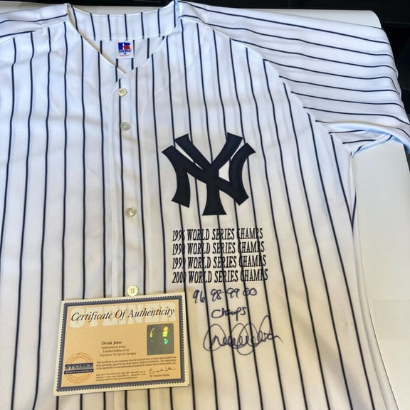 Derek Jeter 1996 1998 1999 2000 Champs Signed Inscribed Yankees Jersey Steiner