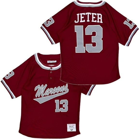 Derek Jeter Men's Headgear Classics Embroidered Maroons High School Baseball Jersey (Large, Burgundy)