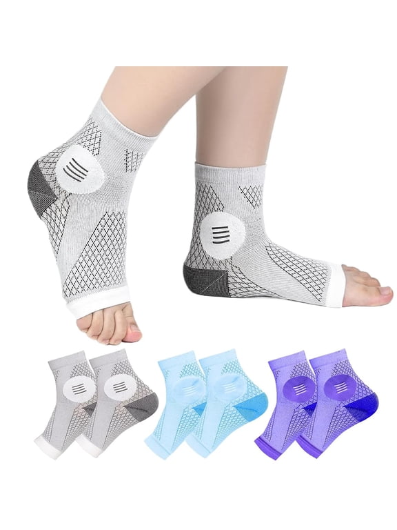 3 Pairs Ankle Compression Socks For Women Toeless, Men Open Toe Compression Socks For Athletic, Foot Brace For Plantar Fasciitis Relief Socks, Youth Ankle Brace For Running (Gray+Blue+Purple)
