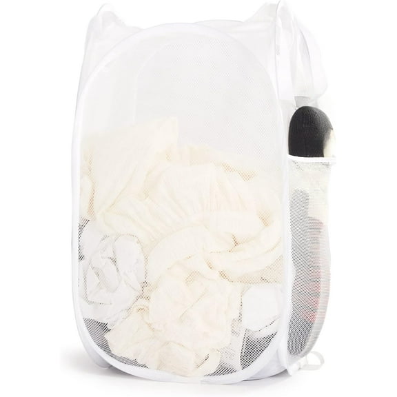 Derest Collapsible Pop Up Laundry Basket, Hamper with Sturdy Handles and Side Pocket - Mesh Portable Foldable Dirty Clothes Hamper for Dorm, Laundry room, Bathroom and Travel Storage