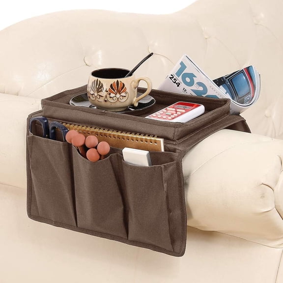 Derest Sofa Armrest Organizer with Cup Holder Tray Chair Arm TV Remote Holder for Recliner Couch, Armchair Caddy Bedside Storage Pockets Bag for Cellphone Tablet Book Magazines Drinks Pouch