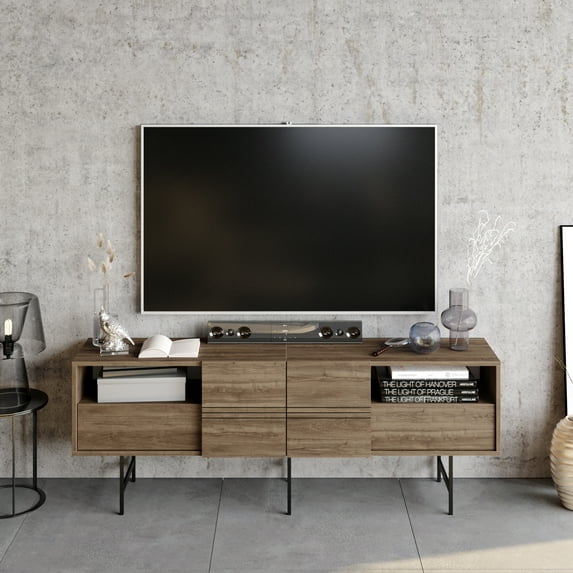 Derin 71" Modern Wood TV Stand for 75+ inch TV with Metal Legs Marble Walnut and Black Melamine Finish