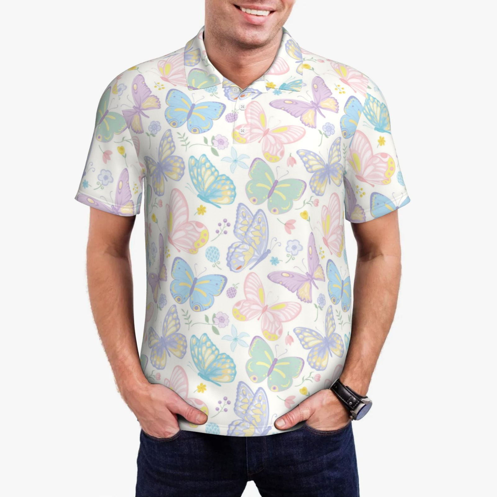 Yellow Butterfly Pattern Print Men's Golf Shirts