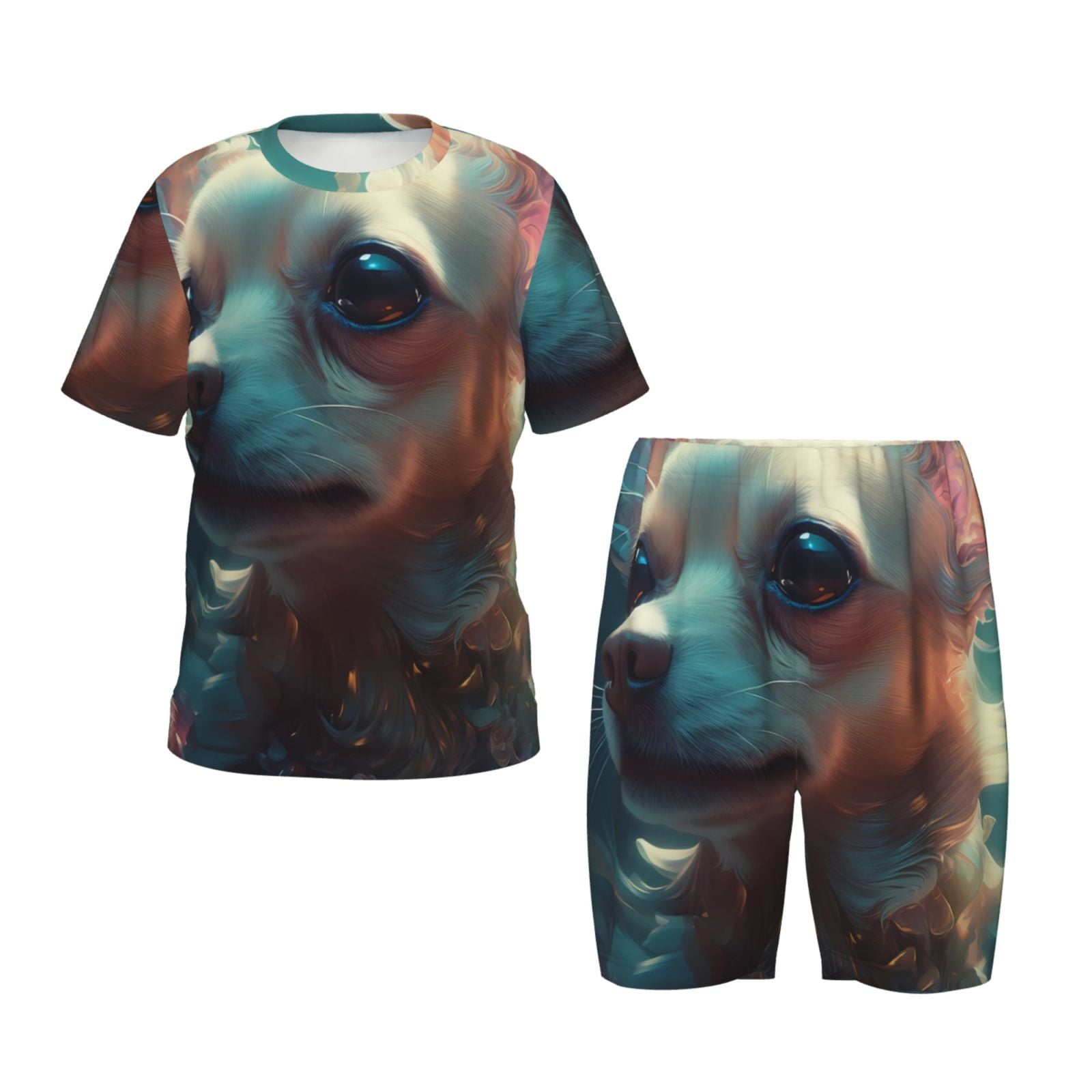 Derioi Cute Flower Chihuahua Puppy for ShortSleeved Summer Pajama Set