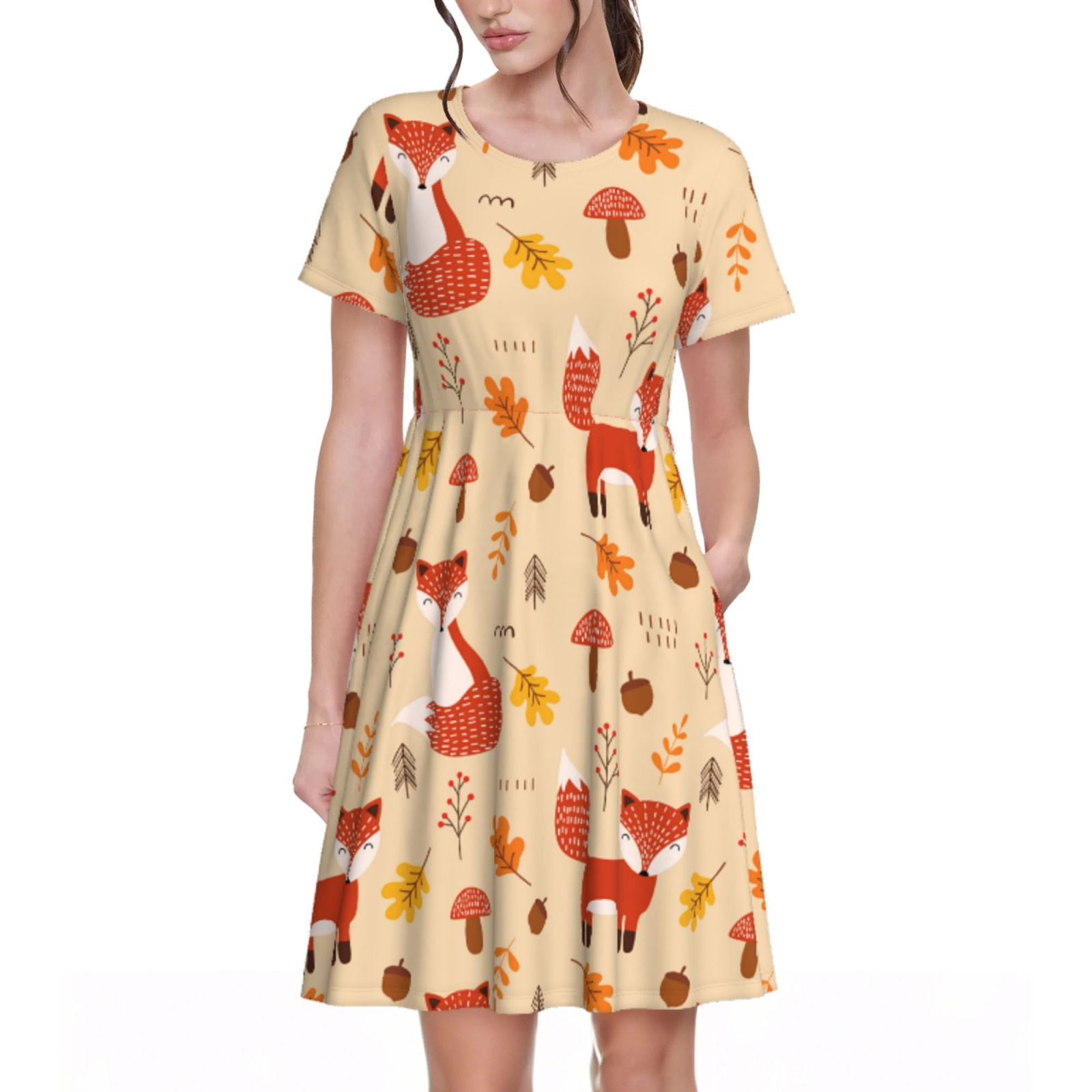 Derioi Cute Foxes for Summer Short Sleeve Swing Dresses with Pockets ...