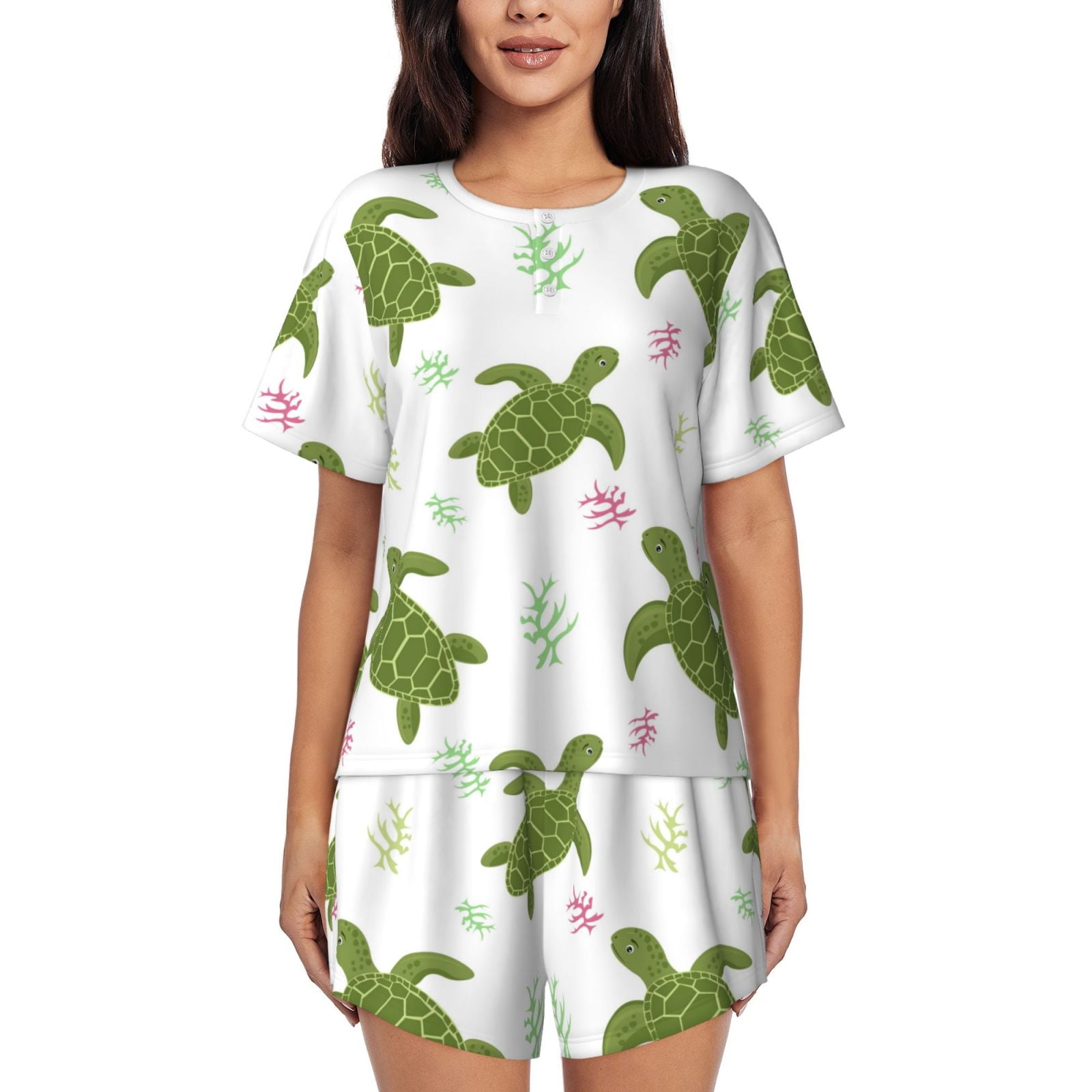 Derioi Cute Turtle for Women's Short-Sleeved Pajama 2 Piece Shorts ...