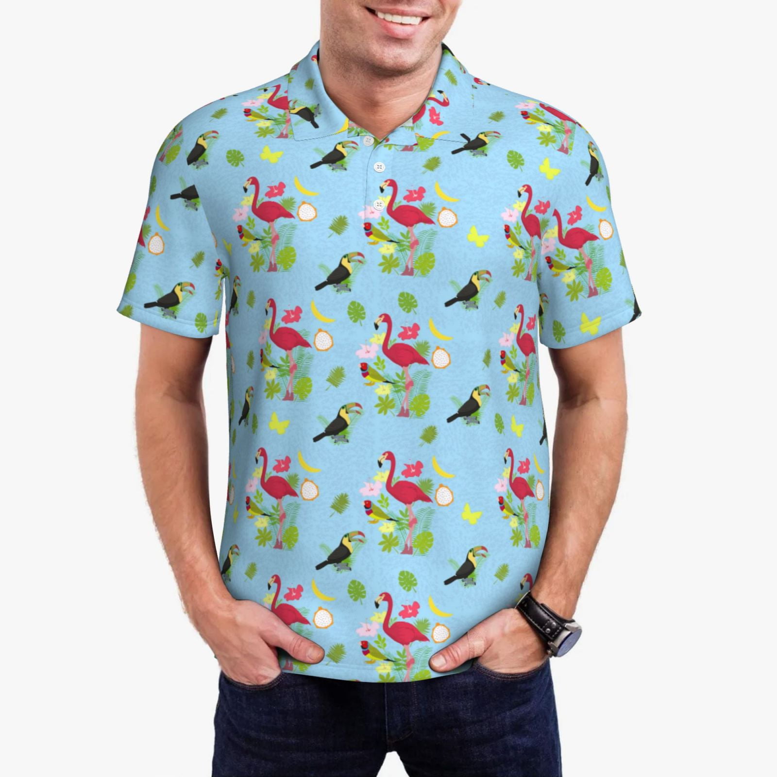 SSLR Men's Flamingo Hawaiian Shirt - Light Green Casual Short Sleeve Aloha Shirt For Beach & Vacation - View #7