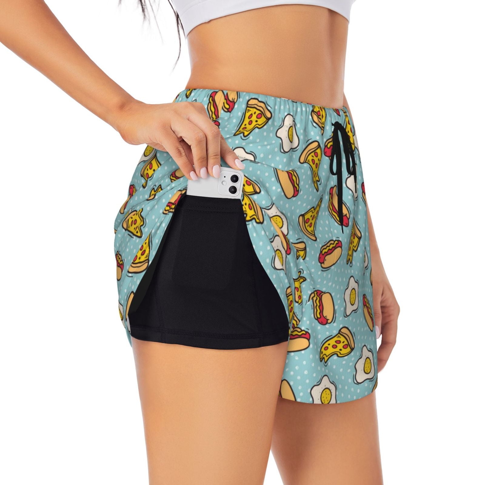 Derioi Hot Dog Pizza for Women's Double Layer Sports Shorts with ...