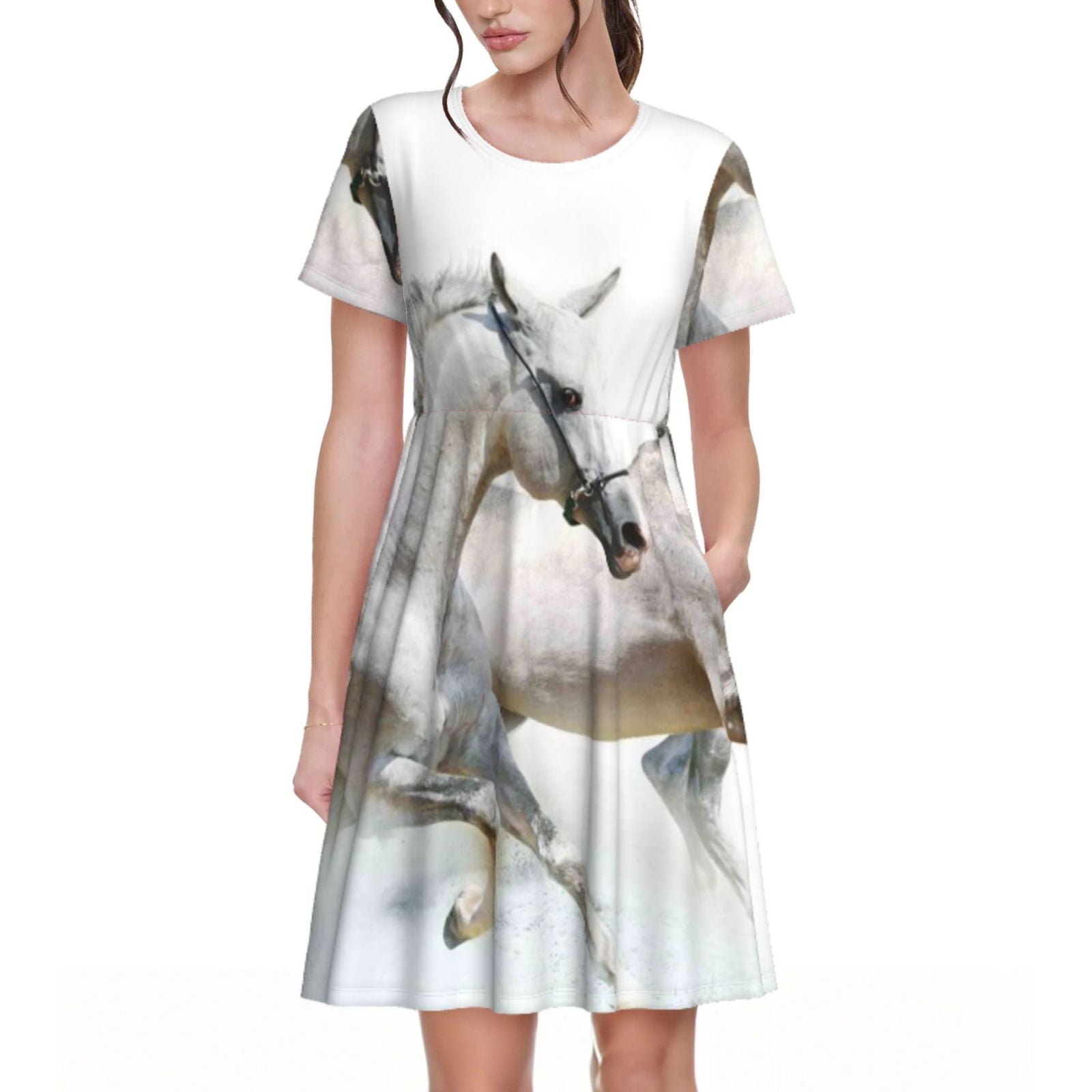 Derioi Running White Horses for Summer Short Sleeve Swing Dresses with ...