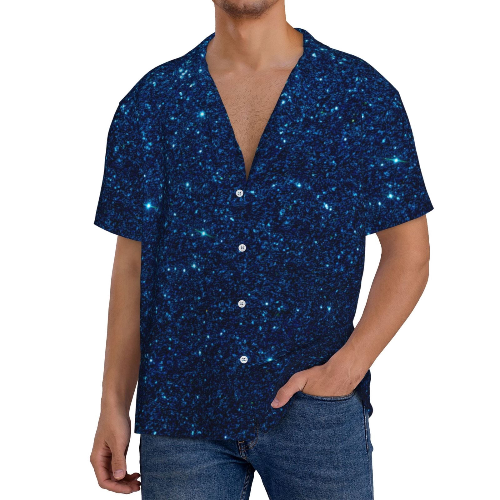 Derioi Sparkling Blue Glitter for Men's Cuban Collar Short Sleeve ...