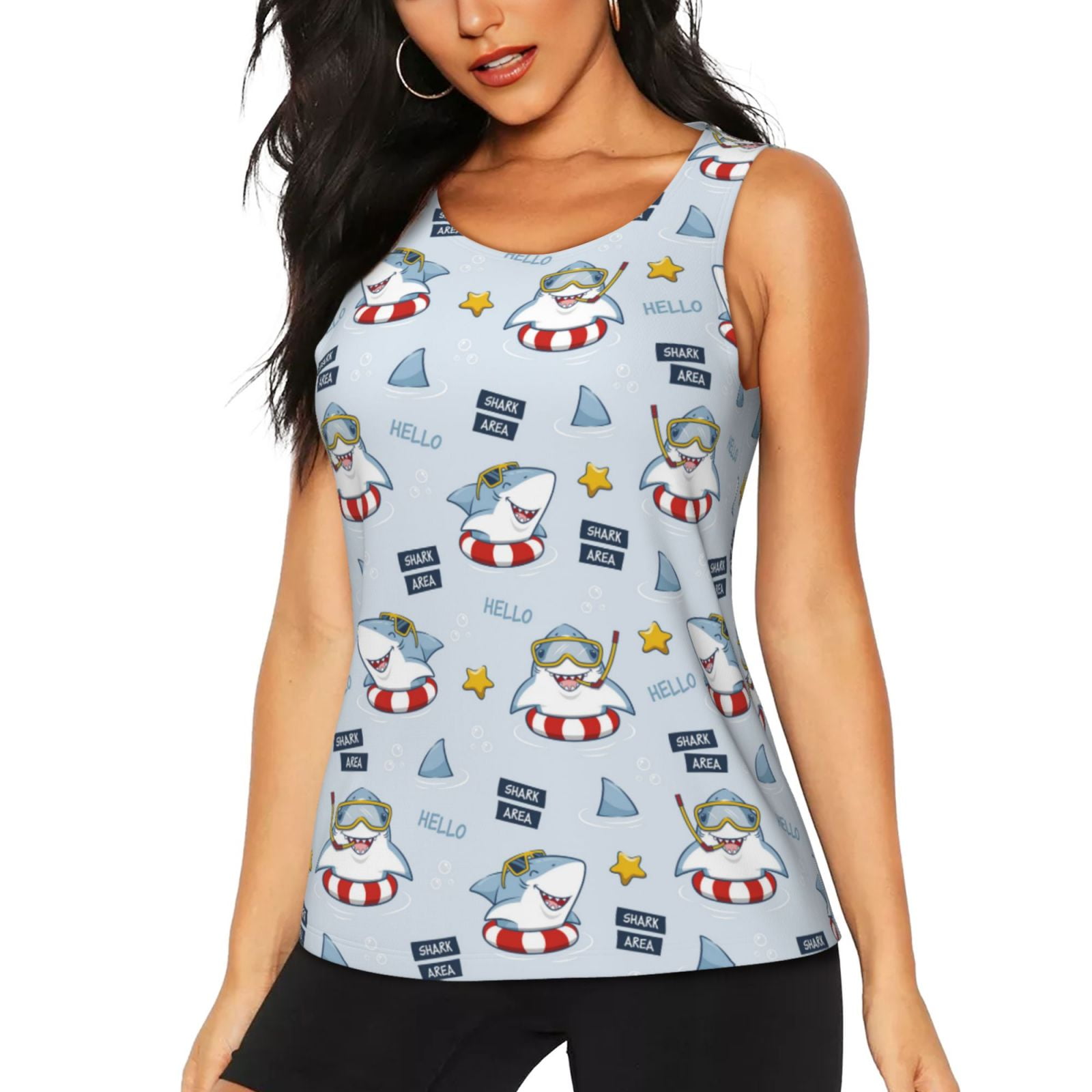 Irisjudy Women's Plus Size Shark America Flag Tank Top - Sleeveless Henley Shirt, 4XL