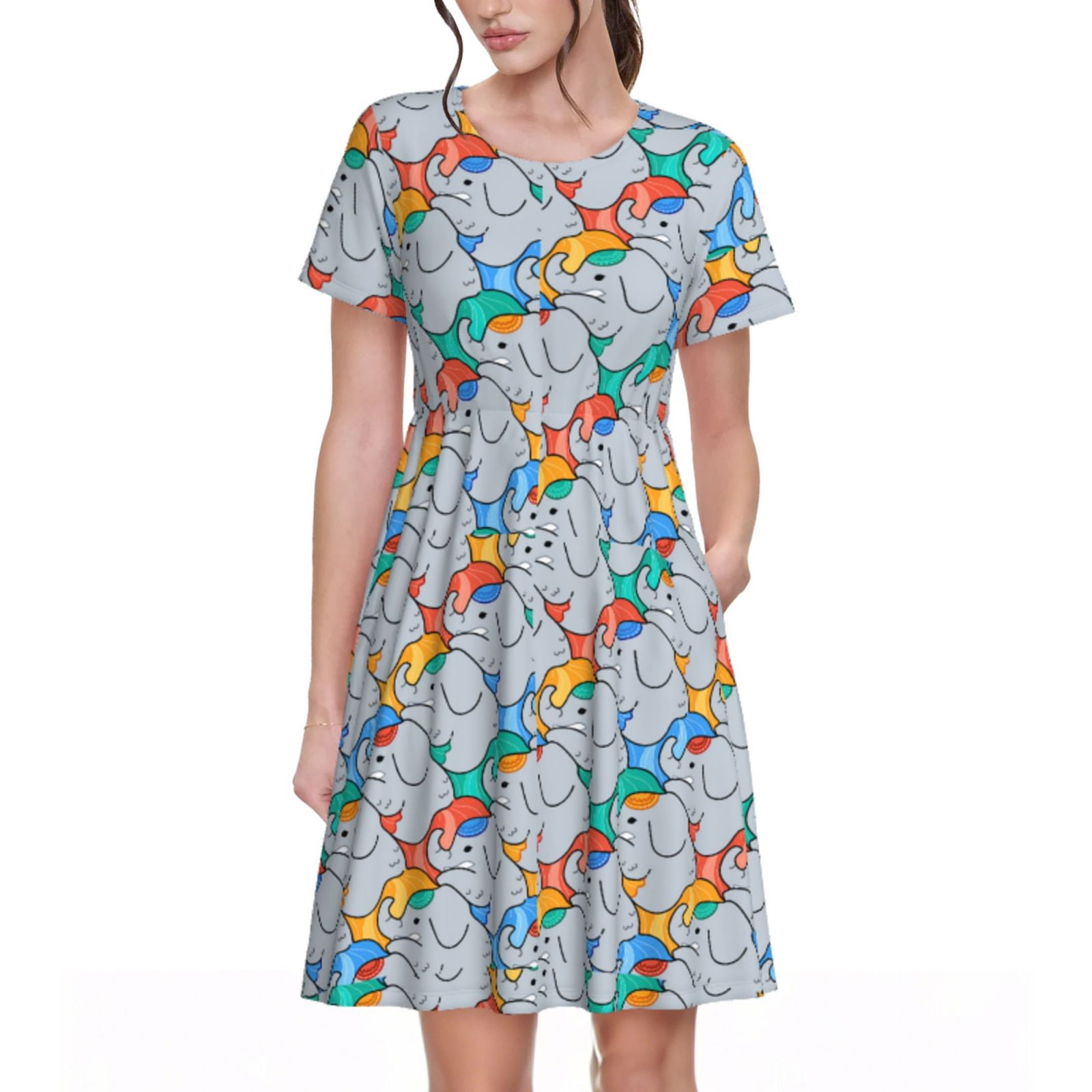 Derioi cartoon Elephant for Summer Short Sleeve Swing Dresses with ...