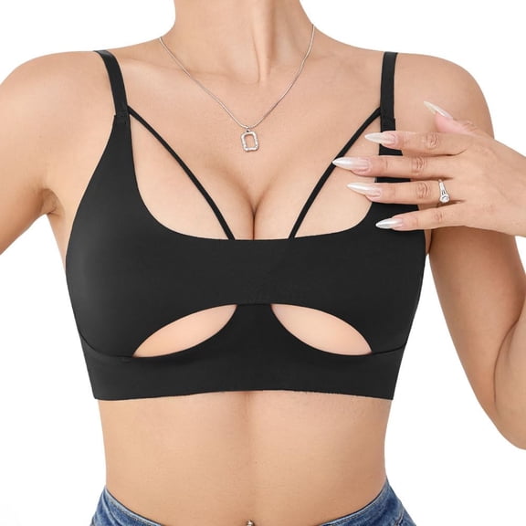 Derisaly Womens Seamless Wireless Bra Butterfly Cutout Bralette No Padding No Underwire Adjustable Straps Comfy Deep V Pullover Everyday Bra