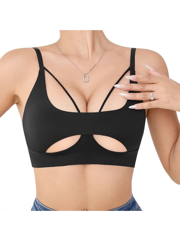 Womens Seamless Wireless Bra Butterfly Cutout Bralette No Padding No Underwire Adjustable Straps Comfy Deep V Pullover Everyday Bra