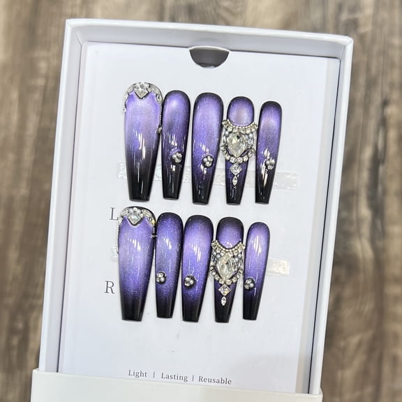 Derisen [Purple Jade] Advanced Sense Glass Cat's Eye Nail Art Pile Diamond Wearing Nail Pure Handmade Chain Drill Nail Piece