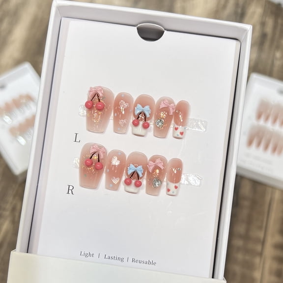 Derison [Cherry Maruko] Bow Love French Nail Art Cute Style Blush Handmade Nail Wear