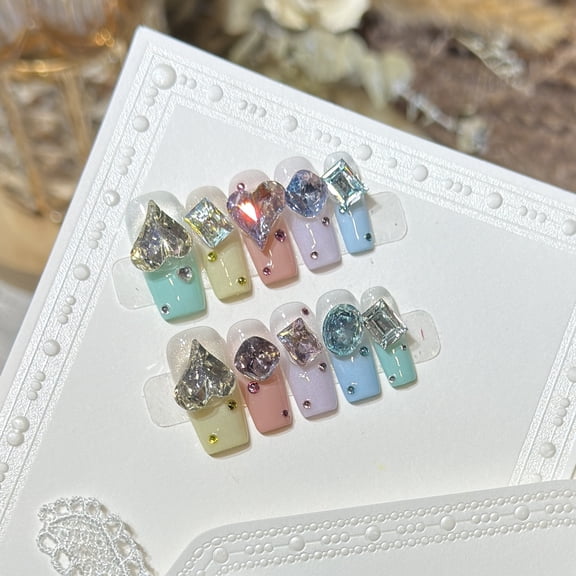 Derison [Fire Color Colorful] Advanced Sense Wear Nail Pads Handmade Love Flash Diamonds Nail Patch Fake Nails