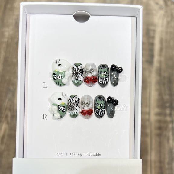 Derison [Gothic Cat] Personalized Zombie KT Cat Hand-painted Graffiti Nail Art Three-dimensional Butterfly Wearing Nail Pure Handmade