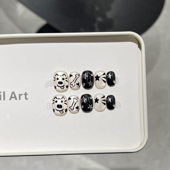 Derison [Lightning Dog] Hand-drawn Cute Cartoon Cat's Eye Nail Piece Daily Short Wearable Nail Pure Handmade