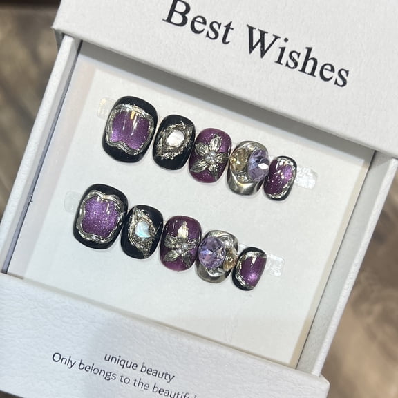 Derison [Purple Obsidian Eclipse] Handmade Wear Nail Short Purple Starlight Cat's Eye Nail Art Carved Nail Pieces