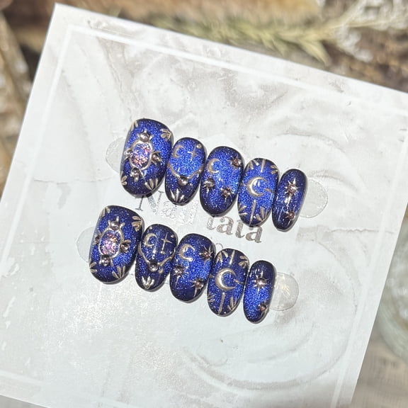 Derison [Temple] Advanced Sense Wearing Nail Piece Pure Handmade Opal Deep Blue Cat Eye Nail Art False Nails