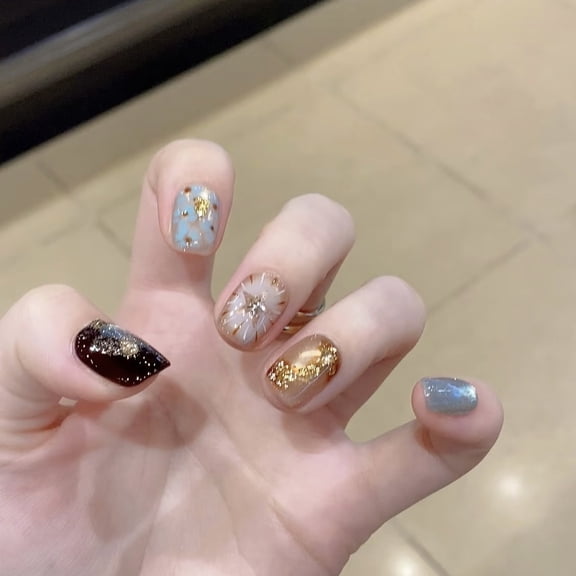 Derison [Twinkling Starlight] Cute ins Wind Wear Nail Film Short Hand Painted Cat's Eye Nail Art Fake Nails