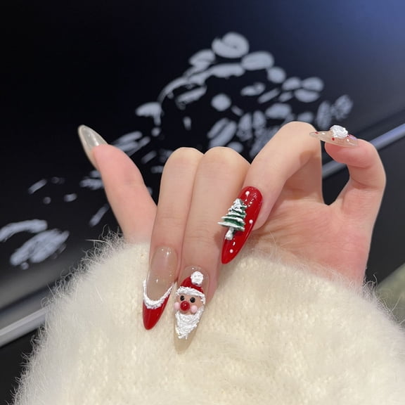 Derizon [Snow and Tree] Christmas Nail Pinch Santa Claus Red French Nail Art Fake Nails
