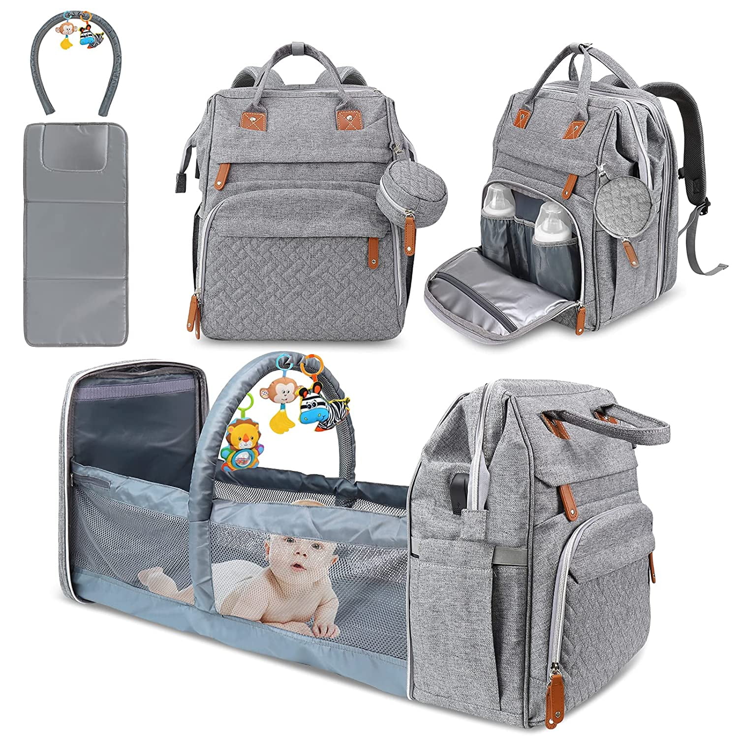 Baby Diaper Bag Changing Station (Gray); Large Capacity, Waterproof, Perfect Baby Shower Gift