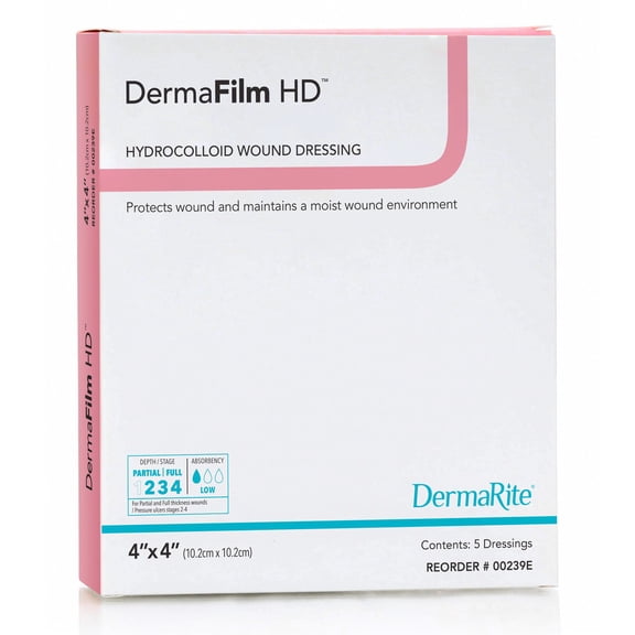 DermaFilm HD Hydrocolloid Dressing 4 x 4" Square High Density Film Backing 00239E 5 per Box