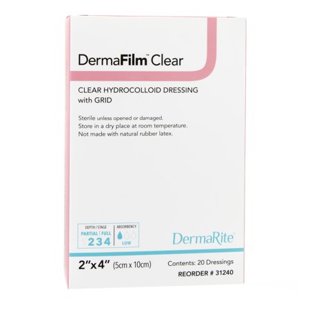 DermaFilm Thin Hydrocolloid Dressing 2 x 4" Rectangle Extra Thin Clear w/grid Film Backing 31240 20 per Box