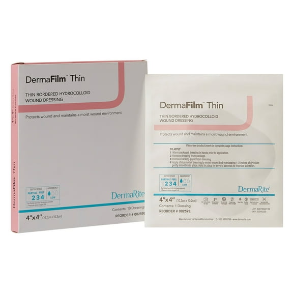 DermaFilm Thin Hydrocolloid Dressing 4 x 4" Square Thin with Border Film Backing 00259E 10 per Box