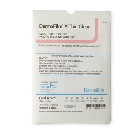 DermaFilm Thin Hydrocolloid Dressing 4 x 6" Oval Extra Thin Clear w/grid Film Backing 31460 10 per Box