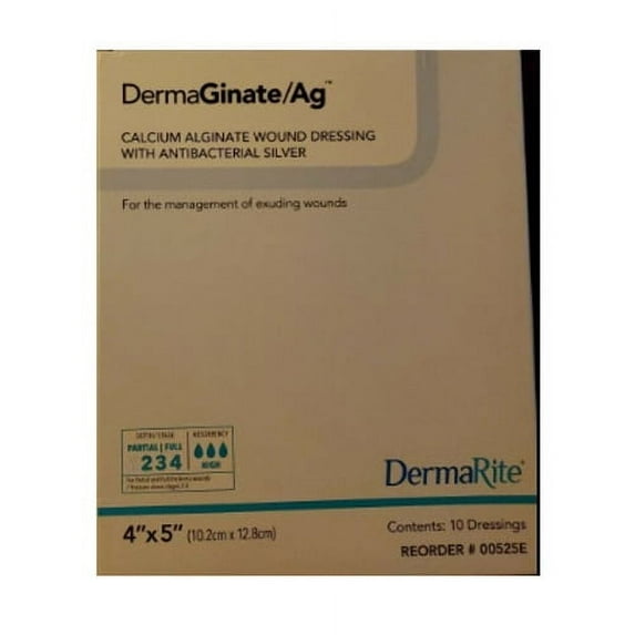 DermaGinate AG Antimicrobial Silver Dressing 4" X 5" Calcium Alginate Gauze, 10 Ea, 2 Pack