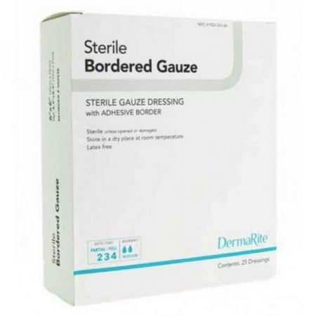 DermaRite Bordered Gauze Adhesive Dressing, 4 X 5 Inch, White, Gauze, Sterile, 25 Count