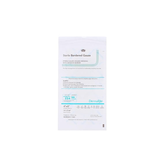 DermaRite Bordered Gauze Adhesive Dressing, 4 X 8 Inch, White, Gauze, Sterile, 25 Count