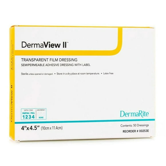 DermaView II Transparent Film Dressing Frame Style Delivery Rectangle 4 x 4.5" Sterile 00253E, 50 Ct