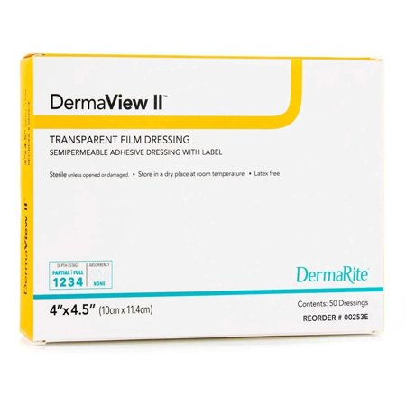 DermaView II Transparent Film Dressing Frame Style Delivery Rectangle 4 x 4.5" Sterile 00253E, 50 Ct
