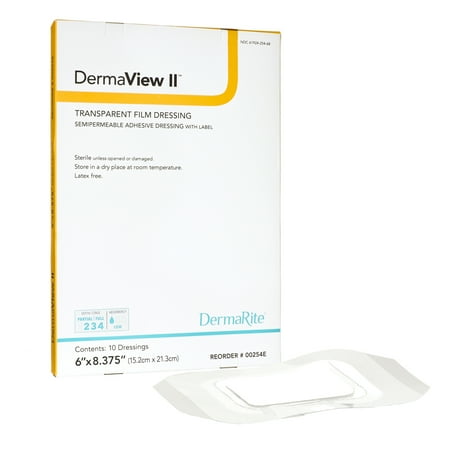 DermaView II Transparent Film Dressing Frame Style Delivery Rectangle 6.5 x 8-3/8" Sterile 00254E, 10 Ct