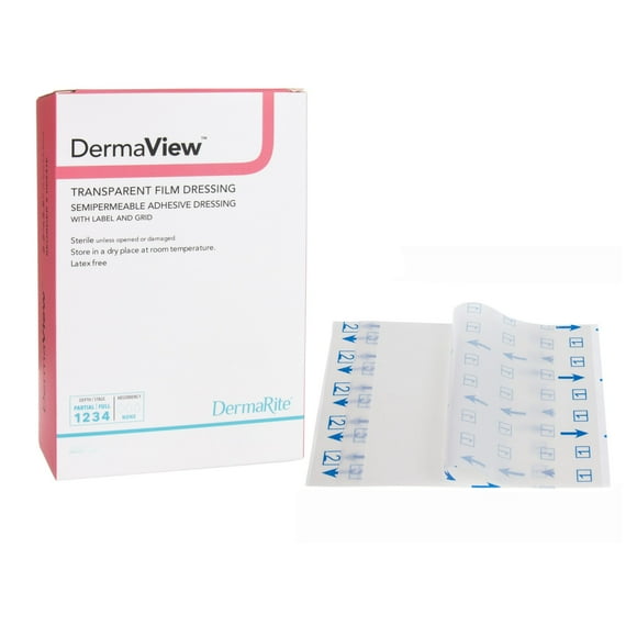 DermaView Transparent Film Dressing 2 Tab Delivery Rectangle 4 x 5" Sterile 00251E, 50 Ct