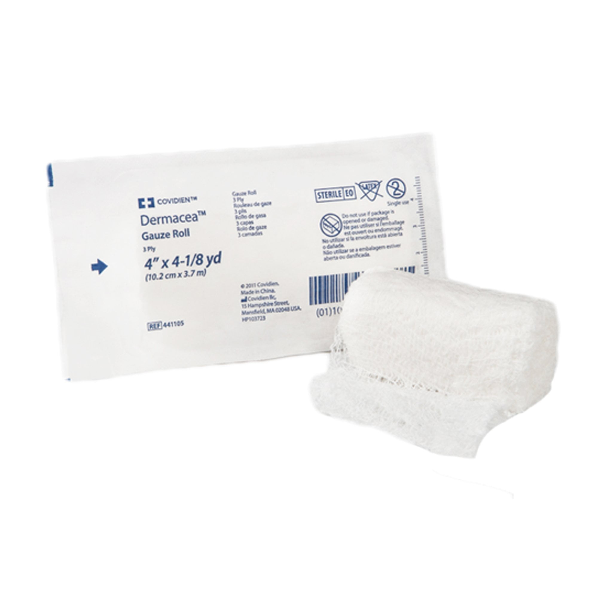 Dermacea Gauze Roll, Sterile, 3-Ply Fluff Bandage, 4 in x 4 1/8 yds, 96 Ct