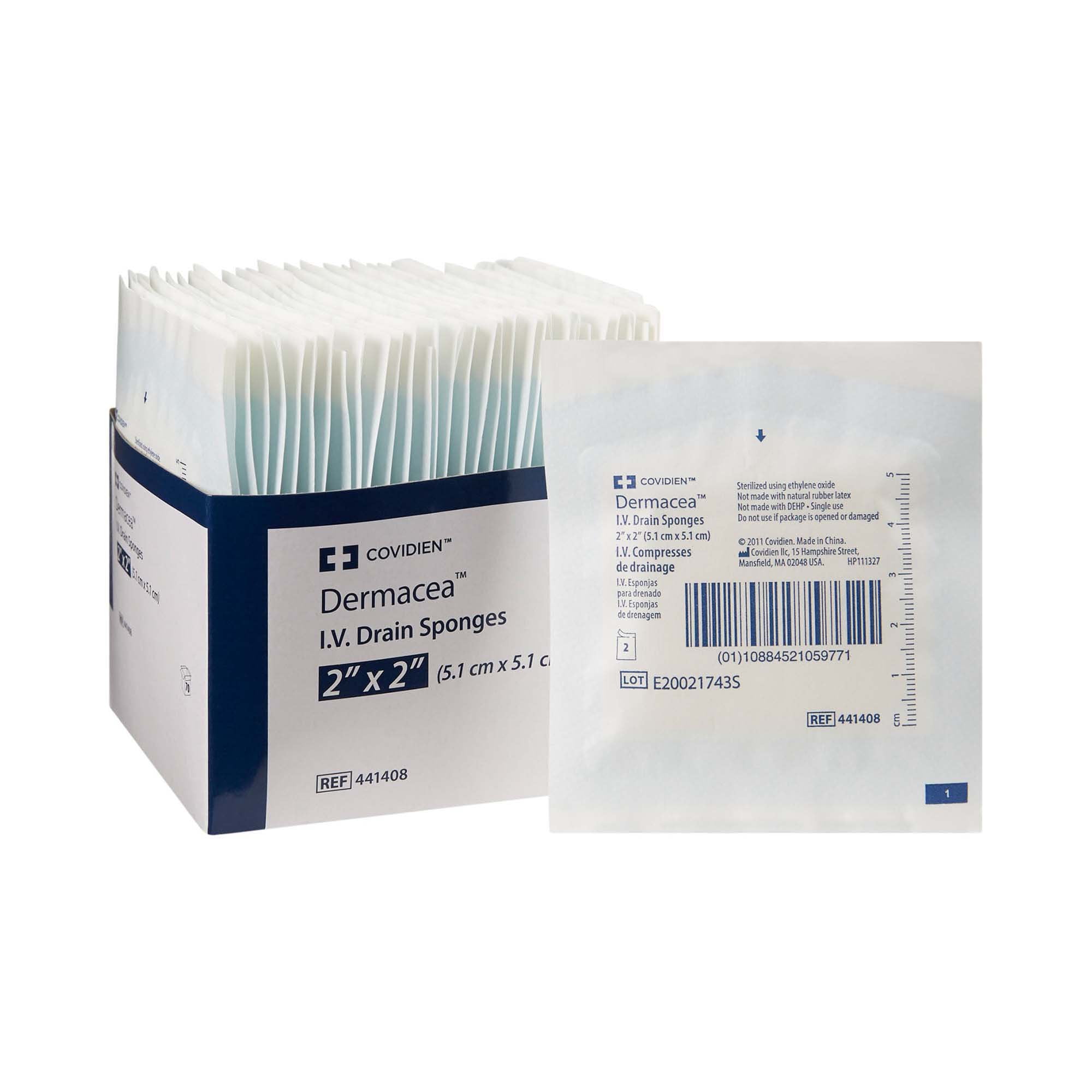 Dermacea Gauze Sponges, Sterile, 6-Ply I.V Drain Split Sponge, 2 in x 2 in, 2 per Pack, 700 Packs, 1400 Total