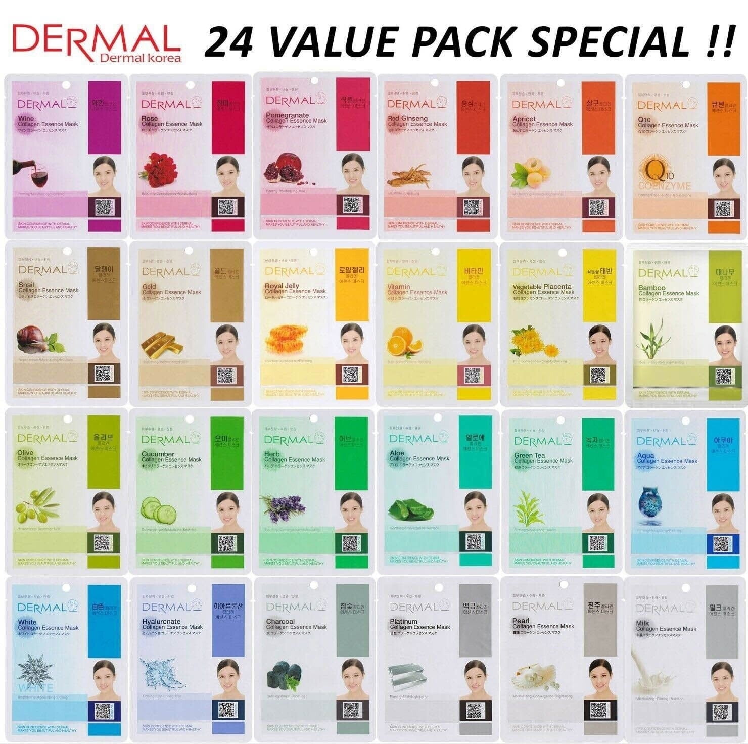 Dermal Korea Collagen Essence Full Face Facial Mask Sheet (24 Combo Pack) New