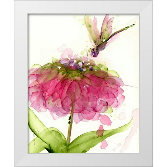 Derman, Dawn 20x24 White Modern Wood Framed Museum Art Print Titled - Dragonfly and Zinnia