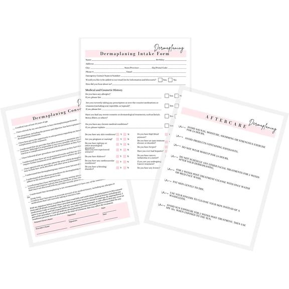Dermaplaning Intake, Consent, and Aftercare Form 75 Pack 8.5 x 11" A1 Forms Clients Signature Dermaplaning Client Forms Bundle White and Pink Design